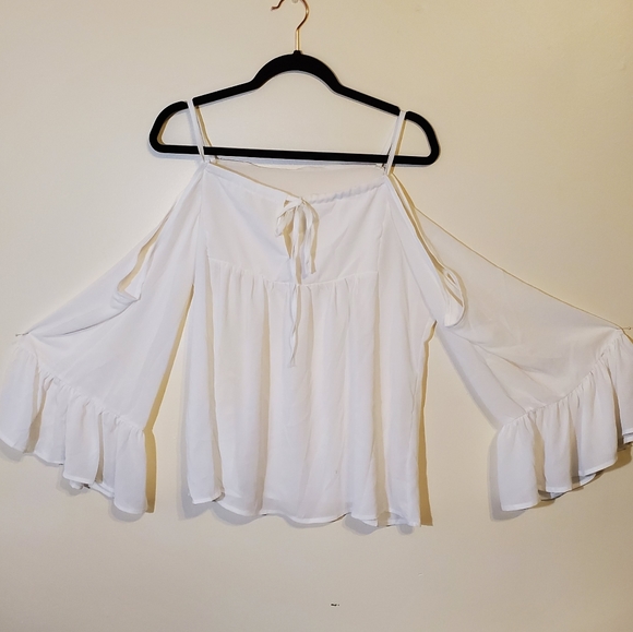 White Cold Shoulder Flowy Blouse - Picture 1 of 3
